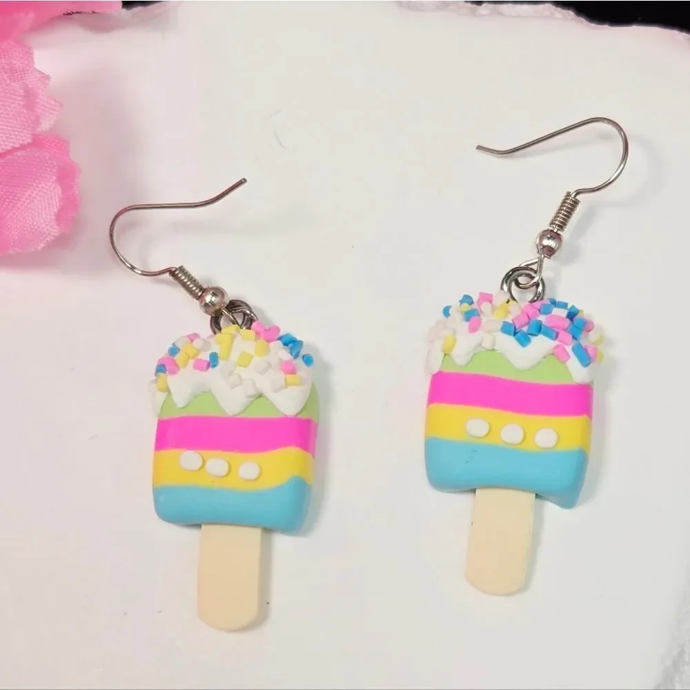 Rainbow Sherbet Ice Cream Popsicle Earrings – Sprinkle Dangles Statement Cute